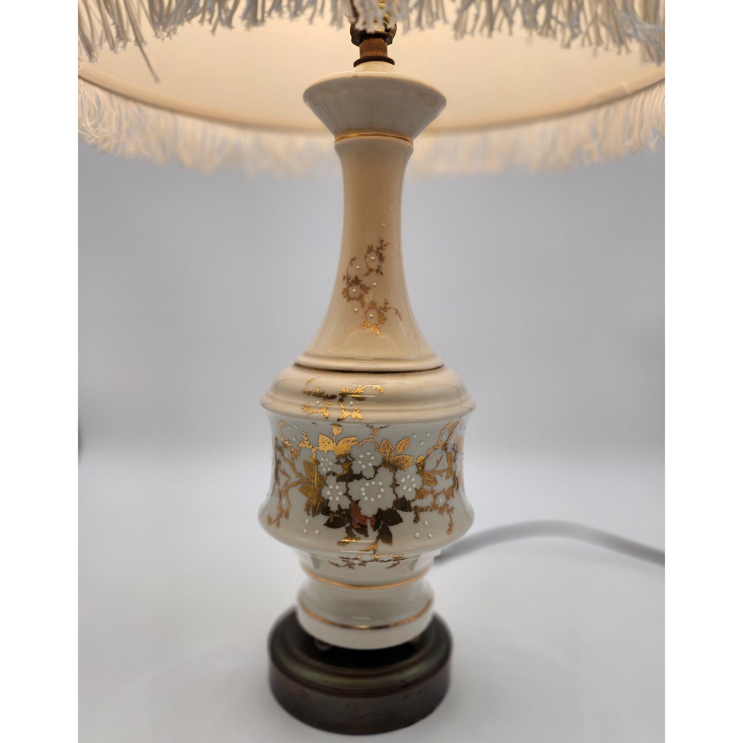 Vintage Asian Ceramic Lamp Gold Floral Relief w/ Tassel Shade 31" Tall Works