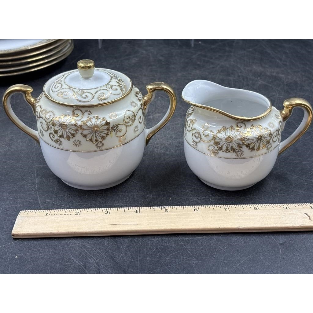 Vintage Japanese Tea Set | Eggshell Lusterware Cups + Porcelain Teapot & Serving Pieces | Gold Floral | Mid-Century Elegance