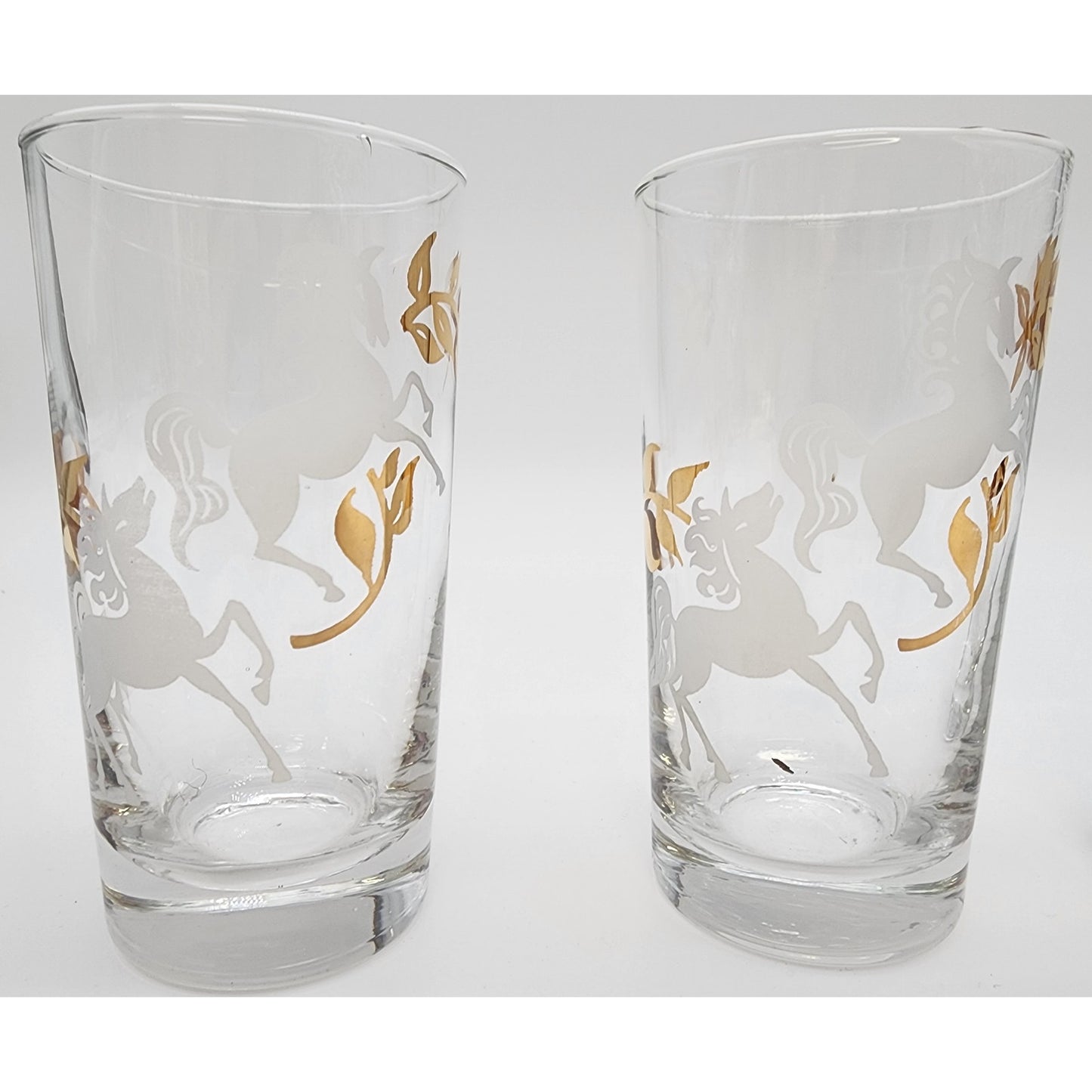Libbey Prancing Colts Tumblers Set of 4 22K Gold Frosted Horses 1960s Vintage