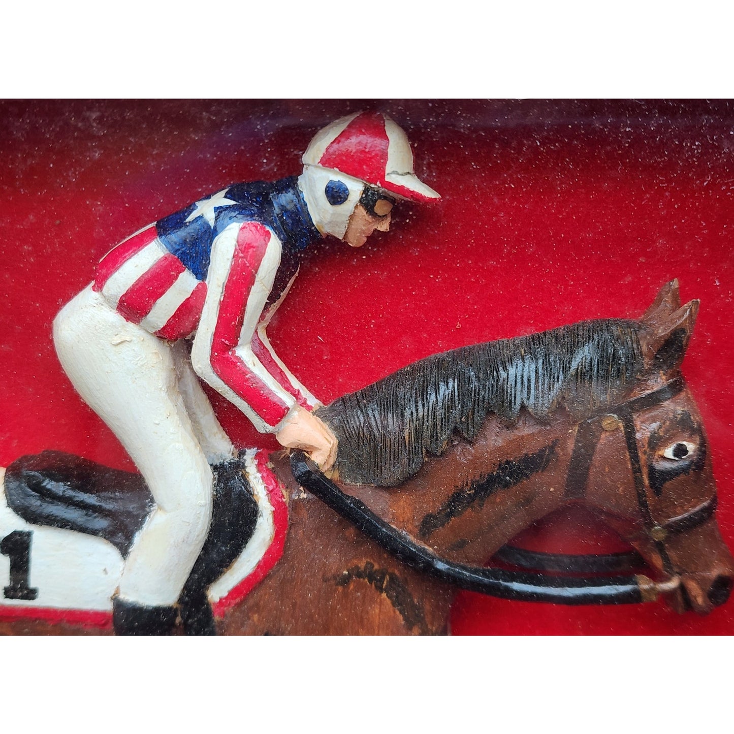 Vintage Bud Ware Racing Colours Hand Carved Horse & Jockey Shadowbox Wood Art