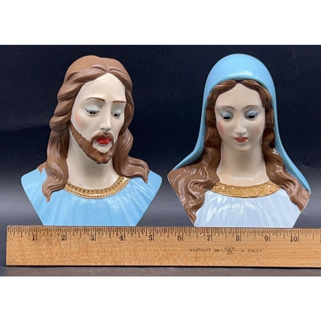 VTG Holland Mold Jesus & Mary Hand-Painted Ceramic Busts 5×3.75×7″