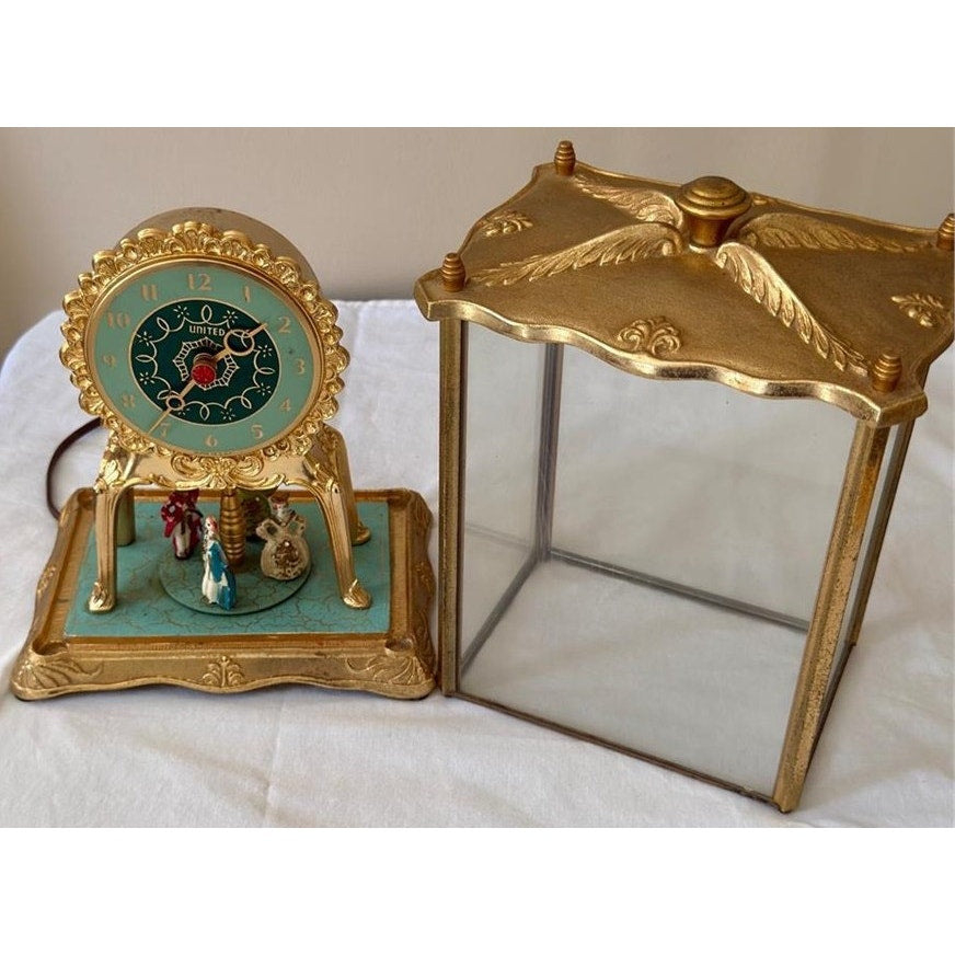 Vintage United Model 990 Brass Clock w/ Dancing Figurines & Glass Case Works