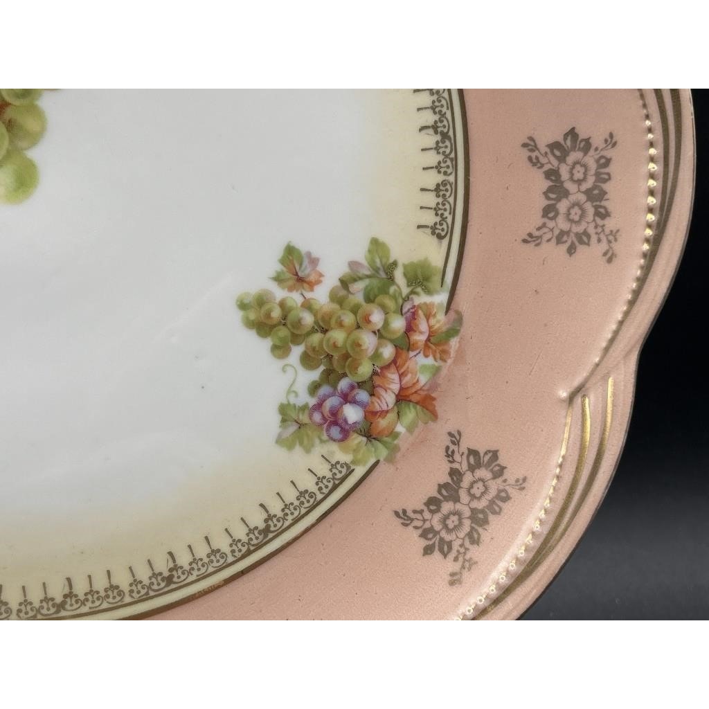Antique German Porcelain Bowl Grapes Gold Trim Pink Rim Scalloped 12"
