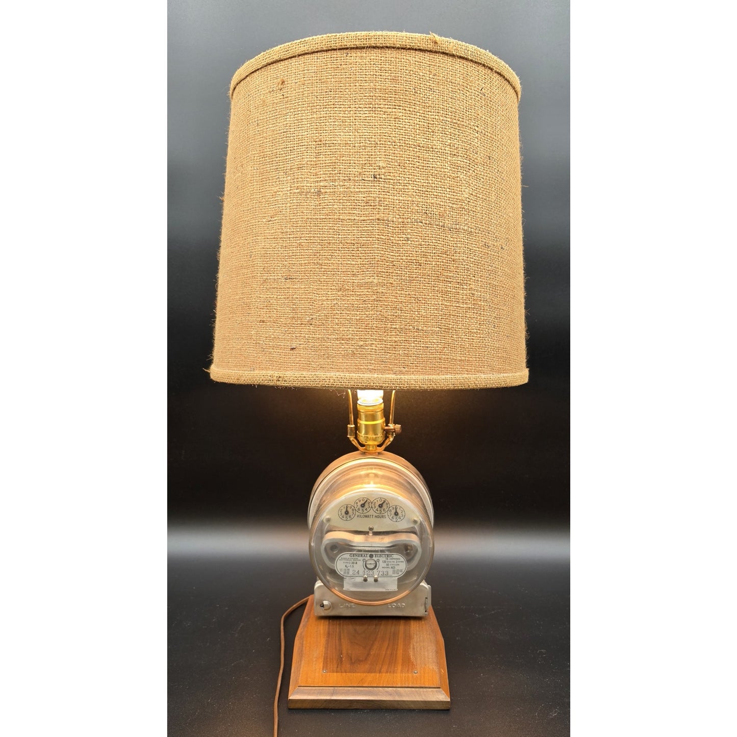 Vintage 24.5" GE KWH Meter 3‑Way Lamp w/ Burlap Shade & Wood Base Works - Rare
