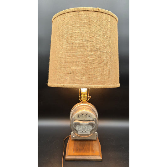 Vintage 24.5" GE KWH Meter 3‑Way Lamp w/ Burlap Shade & Wood Base Works - Rare