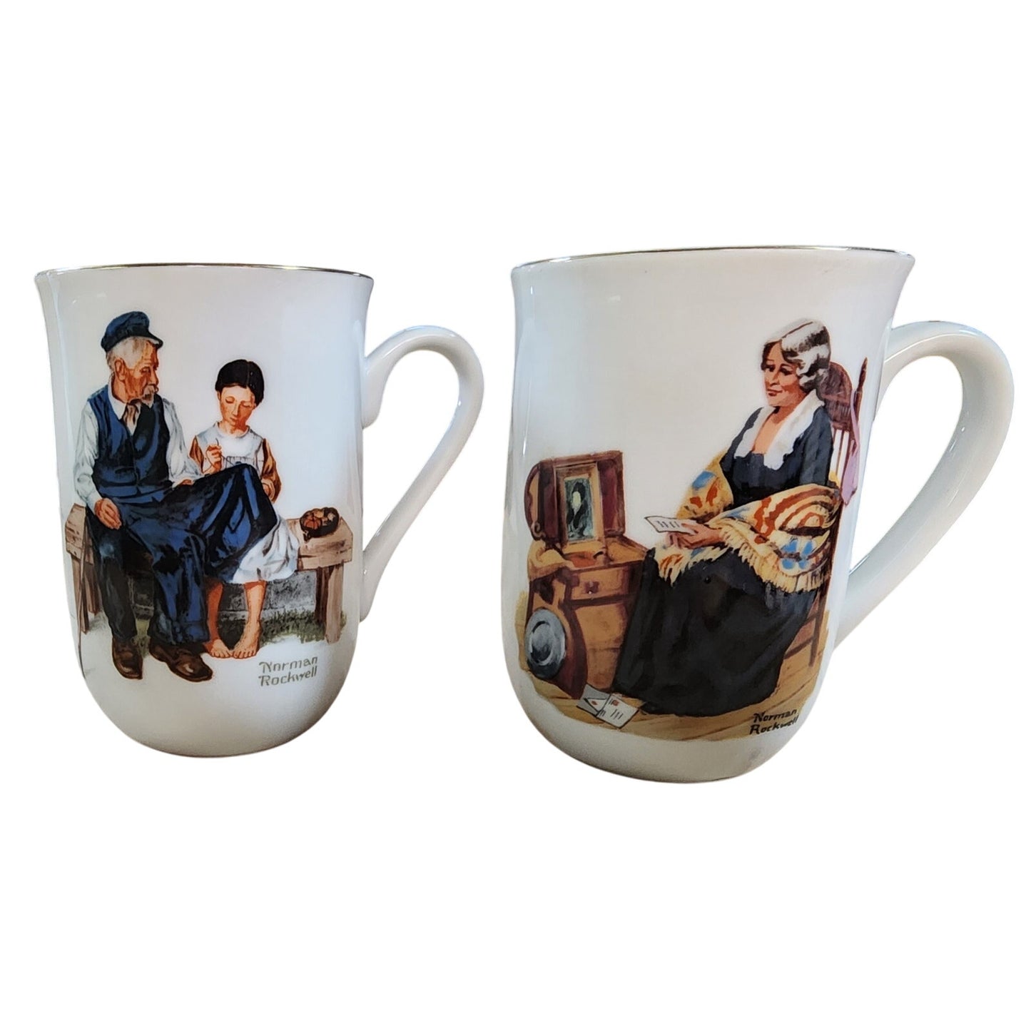 Norman Rockwell Museum Coffee Mug Cup Glasses (1982) Gold Trim - VINTAGE - 8 Pc (Rare)