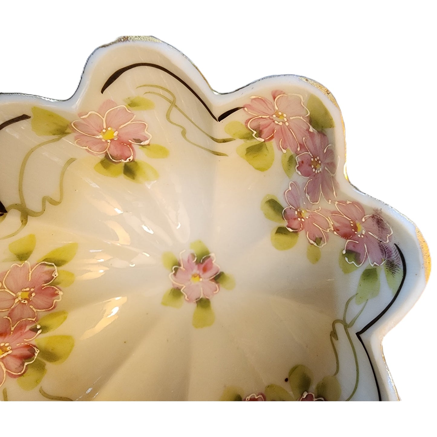 Vintage Japan Footed Dish Pink Floral Gold Gilt Scalloped Porcelain 5" Bowl