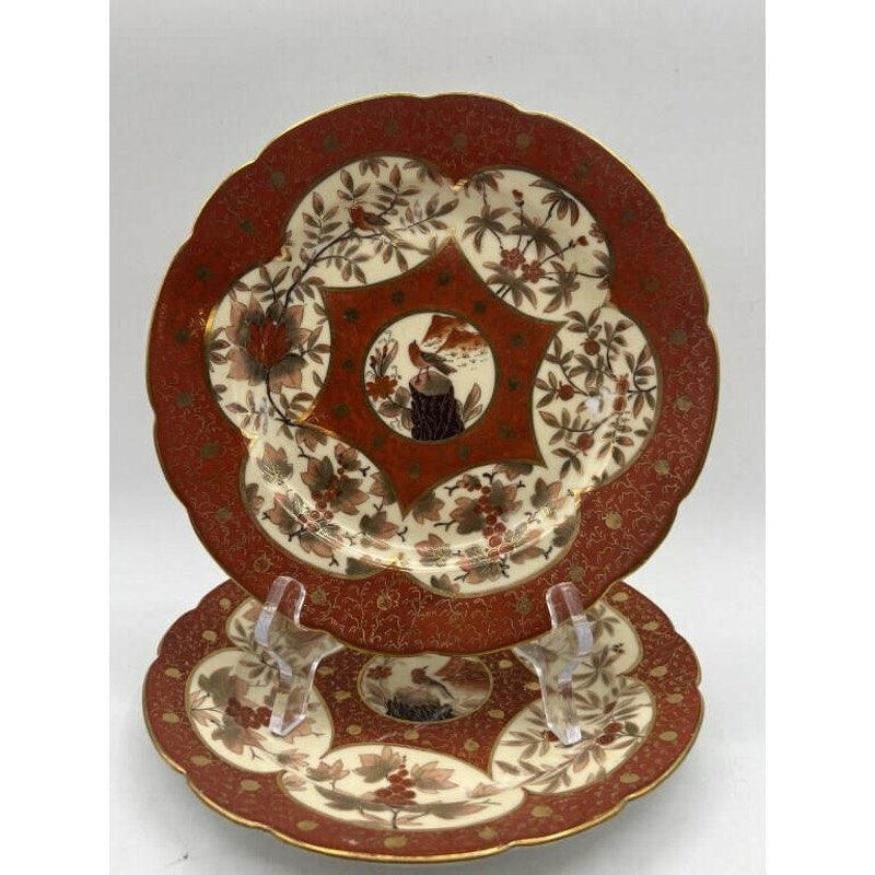 Antique C.F. Boseck Haida Austria Plates Pair Red Gold Scalloped 8" Japanesque