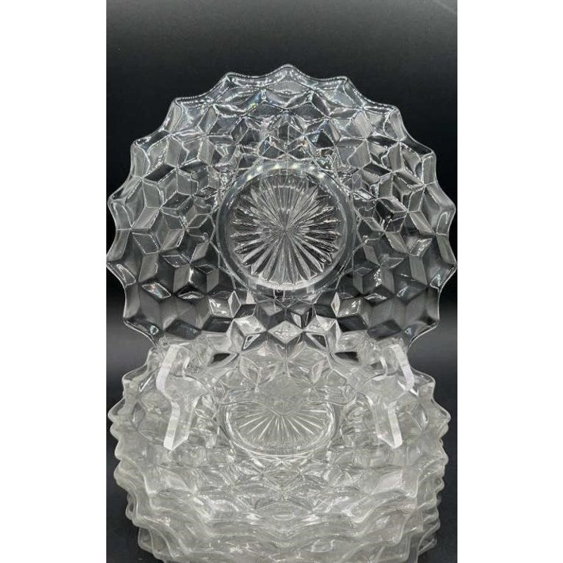 8 Fostoria American Cubist Clear Glass Salad Plates 7.75” Vintage Set