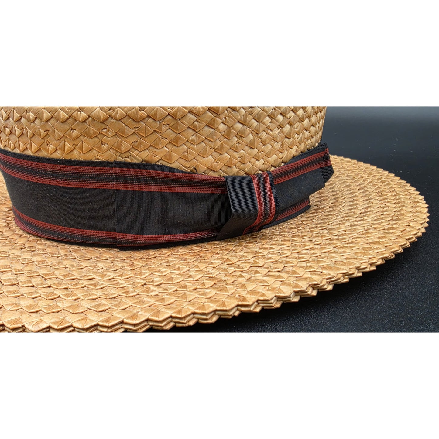 Vintage Dobbs Fifth Ave Tan Straw Boater Hat w/ Black & Red Ribbon 6oz - Nice