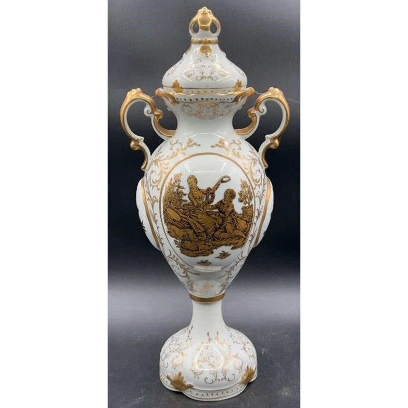 Antique Victorian Porcelain Vase Gold Gilt Lidded Ornate Handles 16" Tall