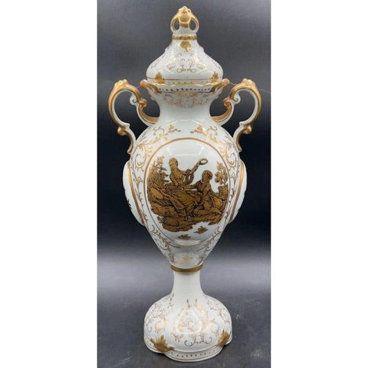 Antique Victorian Porcelain Vase Gold Gilt Lidded Ornate Handles 16" Tall