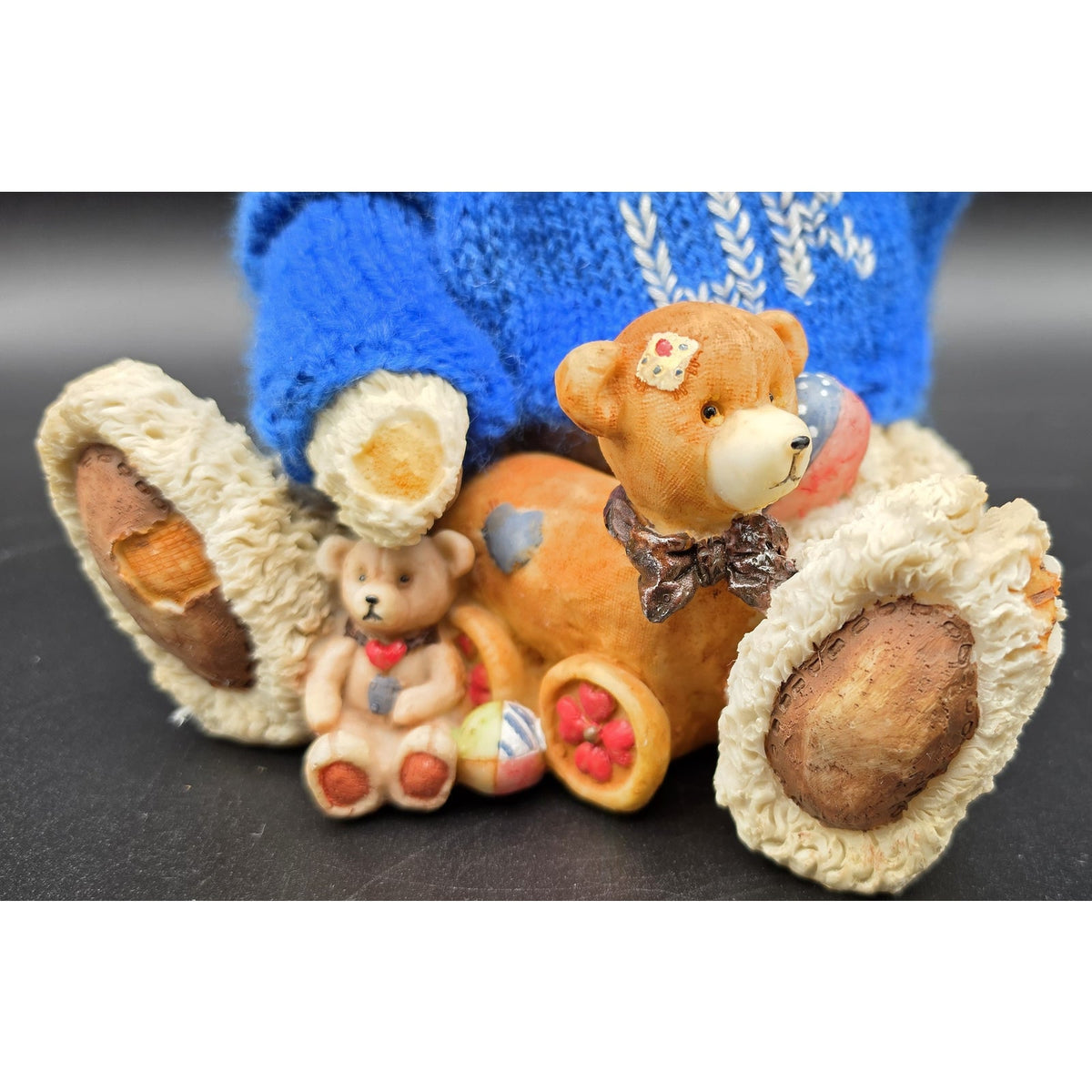 Vintage UK Bear Figurine Knit Royal Blue Sweater Cross Stitch UK Basketballs 8"