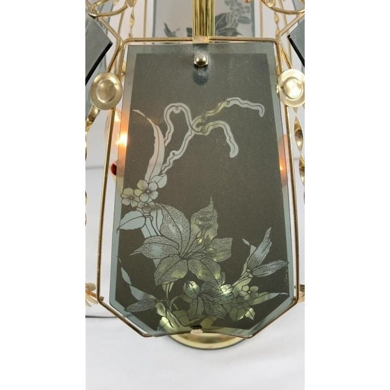 Vintage Brass Touch Table Lamp Etched Floral Glass Shade 3-Way Dimmable