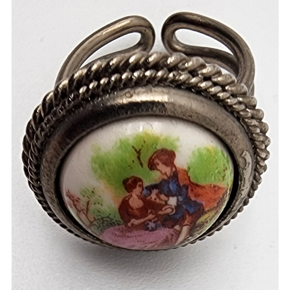 Vintage Italian Adjustable Ladies Ring Hand-Painted Scene Rope Border