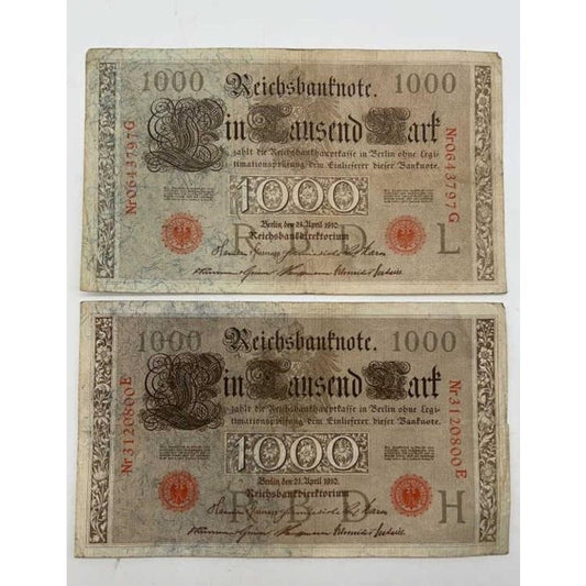 2× 1910 Germany 1000 Mark Reichsbanknote Berlin Red Seal Pre-WWI Rare Pair