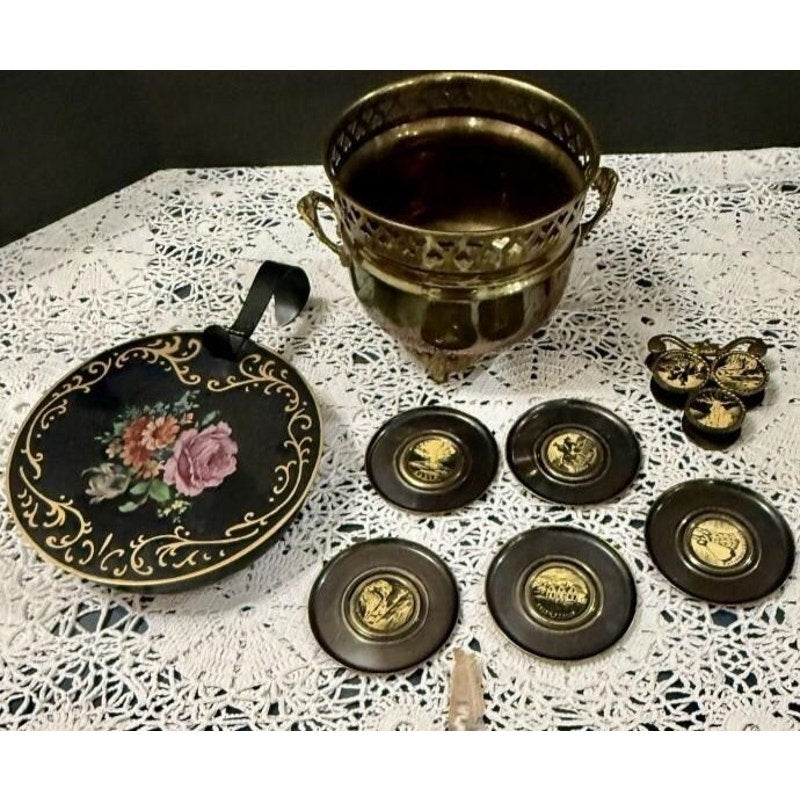Vintage Tole Painted Silent Butler Roses + Brass Kobenhavn Trays & Flower Pot Lot