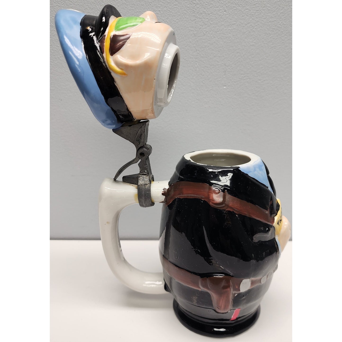 M.S.R. Imports Policeman Mug, Ceramic, Pewter Lid, Hand Painted, 8.25" Vintage