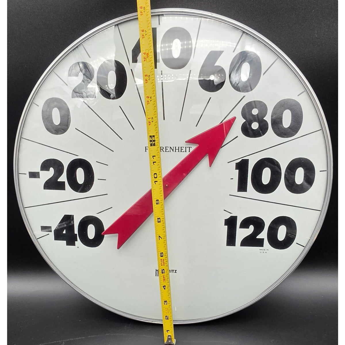 Vintage Hoffritz 18" Jumbo Dial Wall Thermometer Metal USA Fahrenheit Glass
