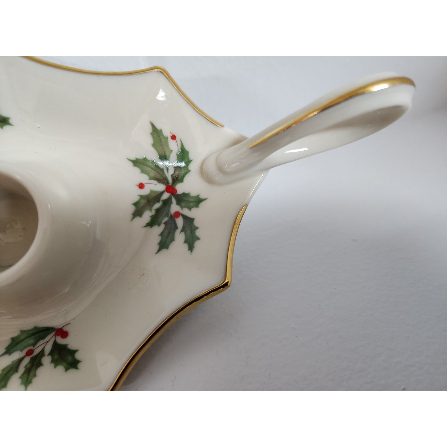 Lenox Holiday Candle Holder Ivory Porcelain 24K Gold Rim Holly Berry Design