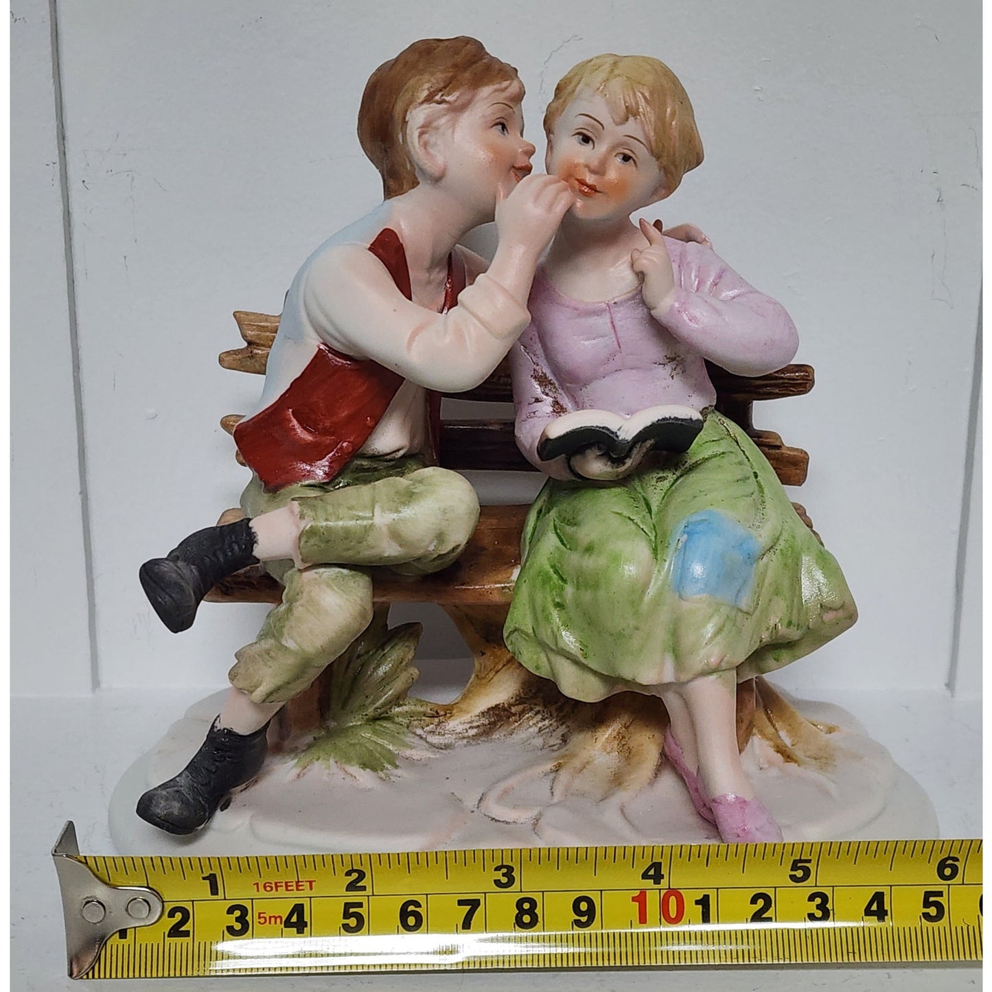 Vintage Boy Whispering to Girl On Bench Figurine Hand Painted on Bench 6"