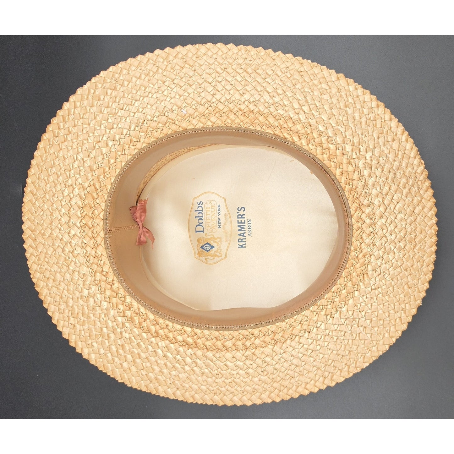 Vintage Dobbs Fifth Ave Tan Straw Boater Hat w/ Black & Red Ribbon 6oz - Nice
