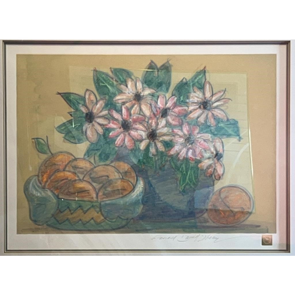 Ronald David Thompson Watercolor Still Life Flowers & Oranges Ornate Gold Frame