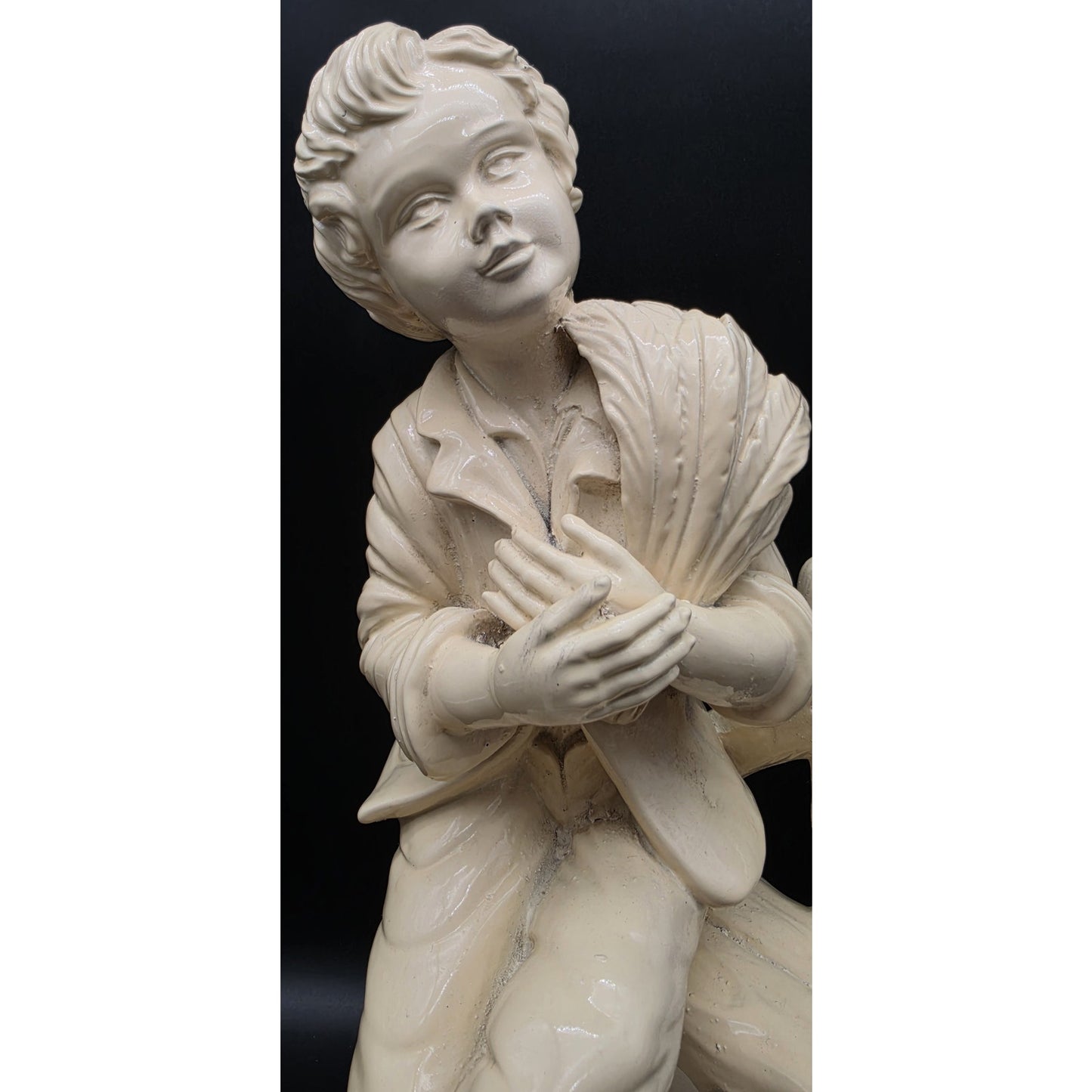 Vintage Pale Yellow Alabaster Boy Sculpture on Rustic Bench 18.5" 11 lbs