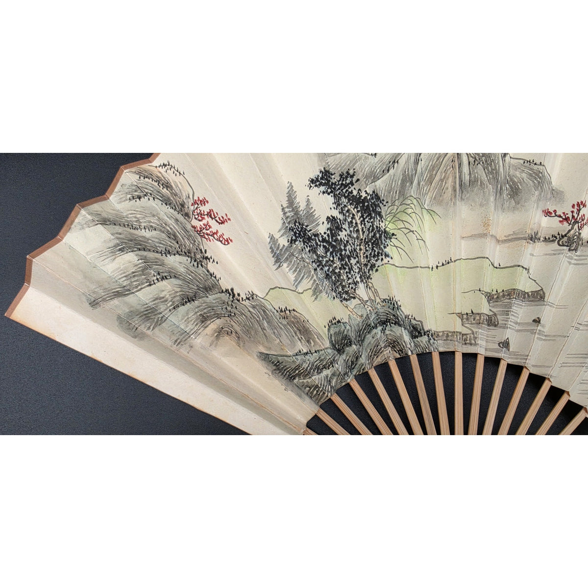 Vintage Chinese Hand Painted Landscape Folding Fan Calligraphy Poem Bamboo Frame