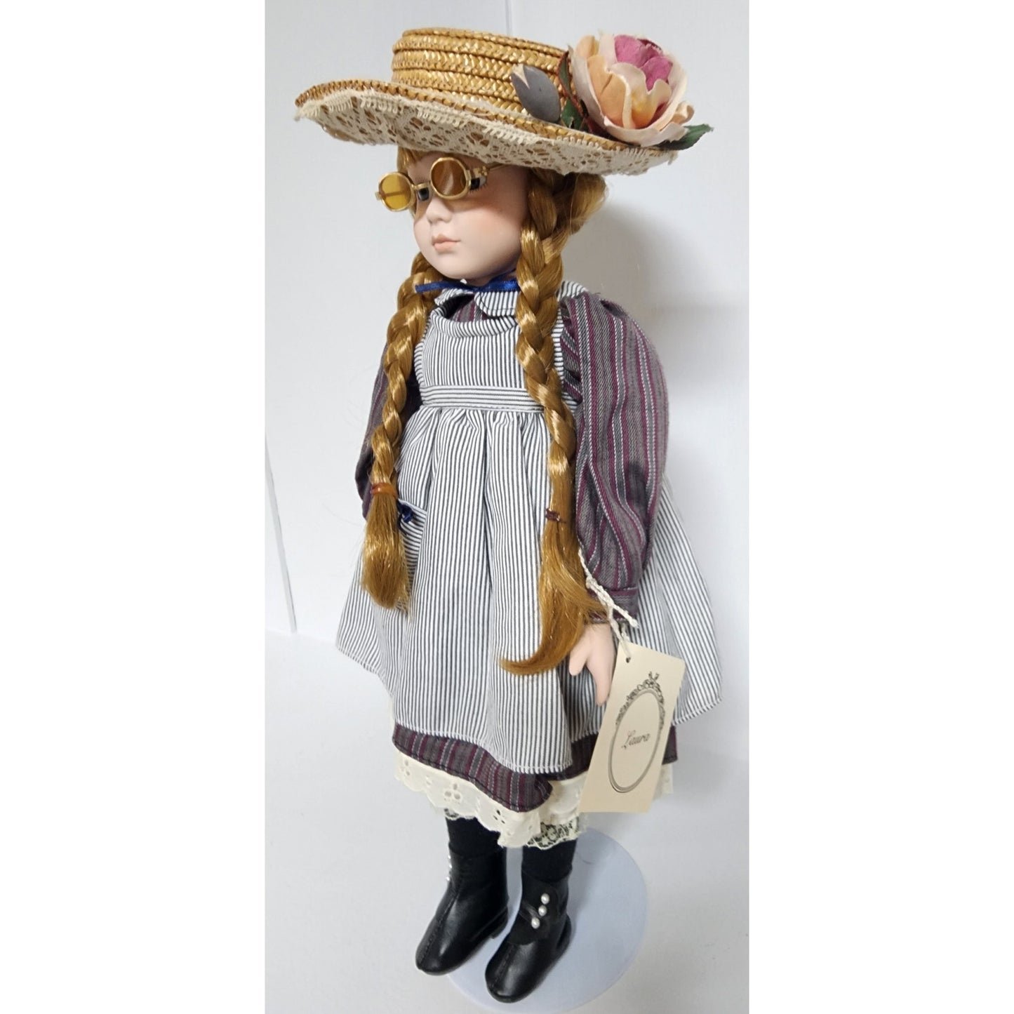 Vintage 1990s Tender Hearts Treasures “Laura” Porcelain Doll w/ Straw Hat & Glasses