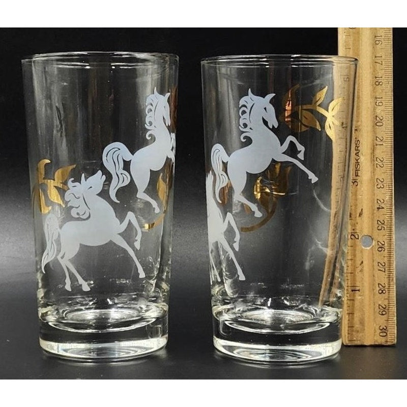 Libbey Prancing Colts Tumblers Set of 4 22K Gold Frosted Horses 1960s Vintage
