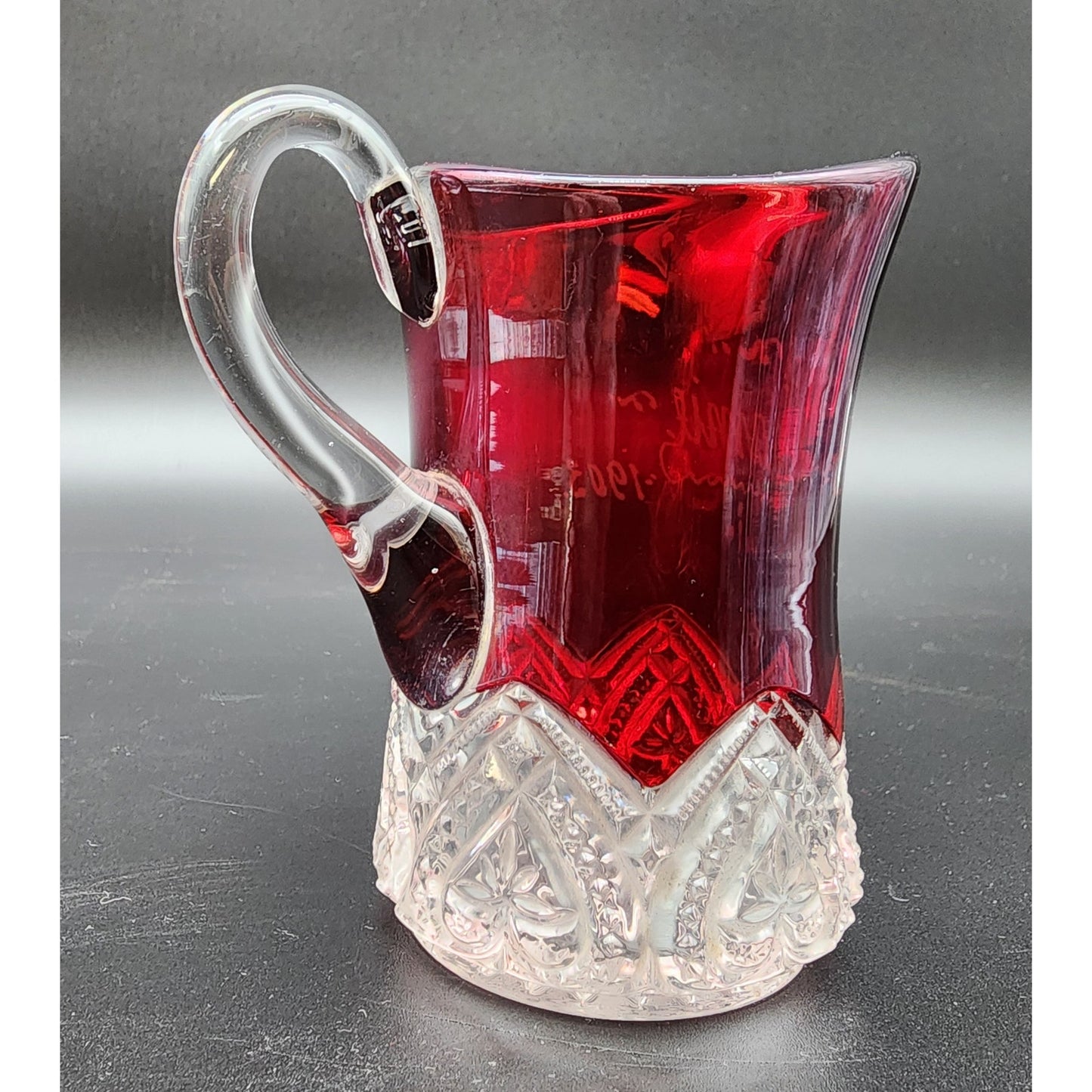 1903 Ruby Stained Cut Glass Pitcher Souvenir Etched Name 4.25” Antique