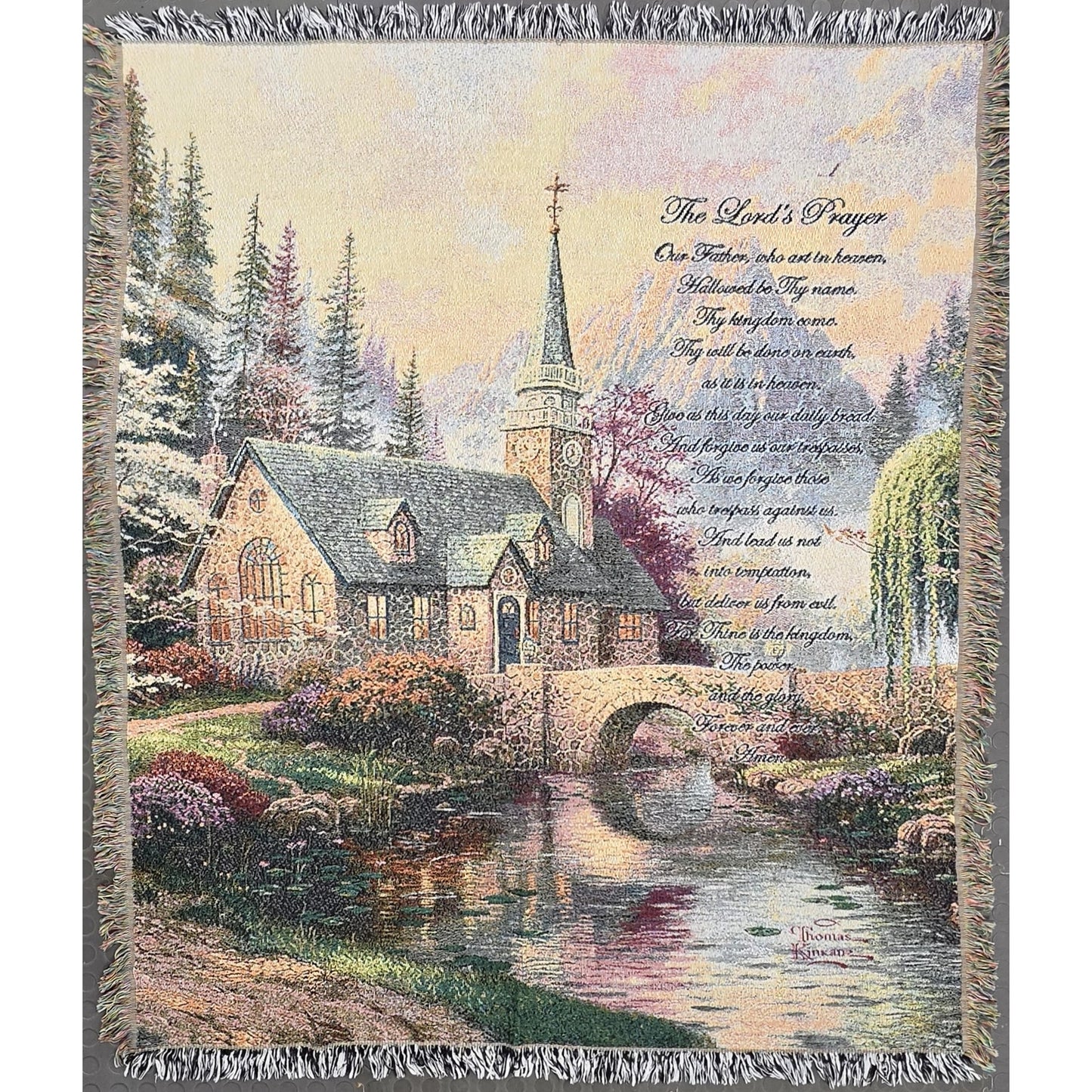 Thomas Kinkade 2006 Lord’s Prayer Tapestry Throw 60x51 Vintage Chapel Scene
