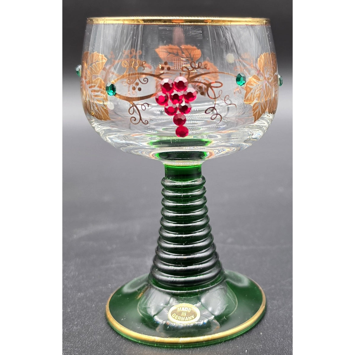 Vtg Bockling German Romer Wine Glasses Green Stem Gold Gilt Rhinestones Set 8