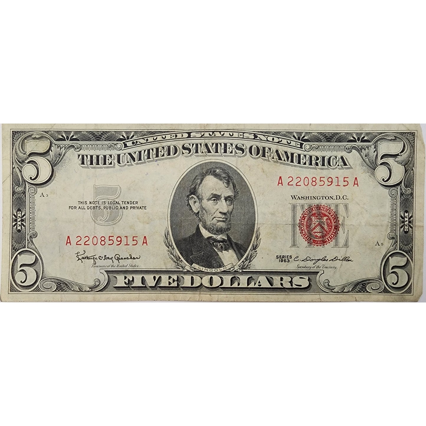 US $1 1957 Blue Seal Silver Certificate w/ $2 1957 & $5 1963 Red Seal Bills