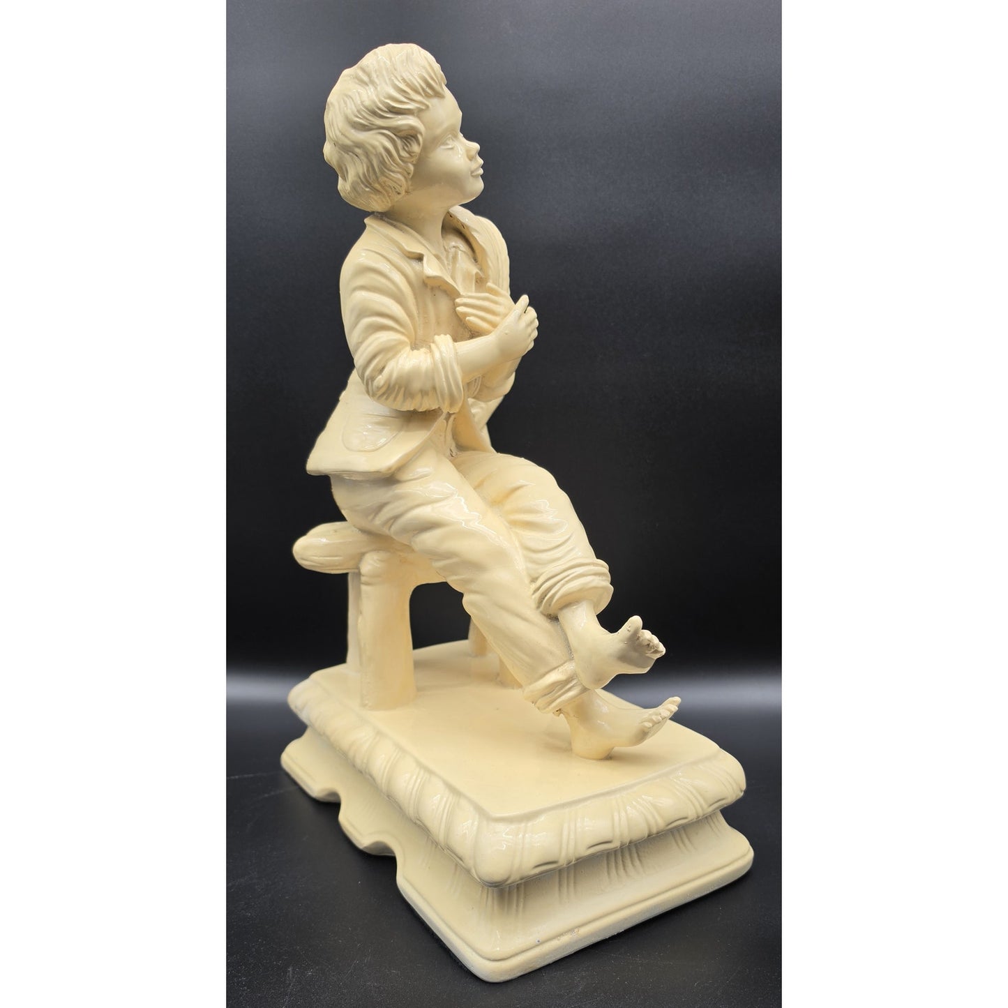 Vintage Pale Yellow Alabaster Boy Sculpture on Rustic Bench 18.5" 11 lbs