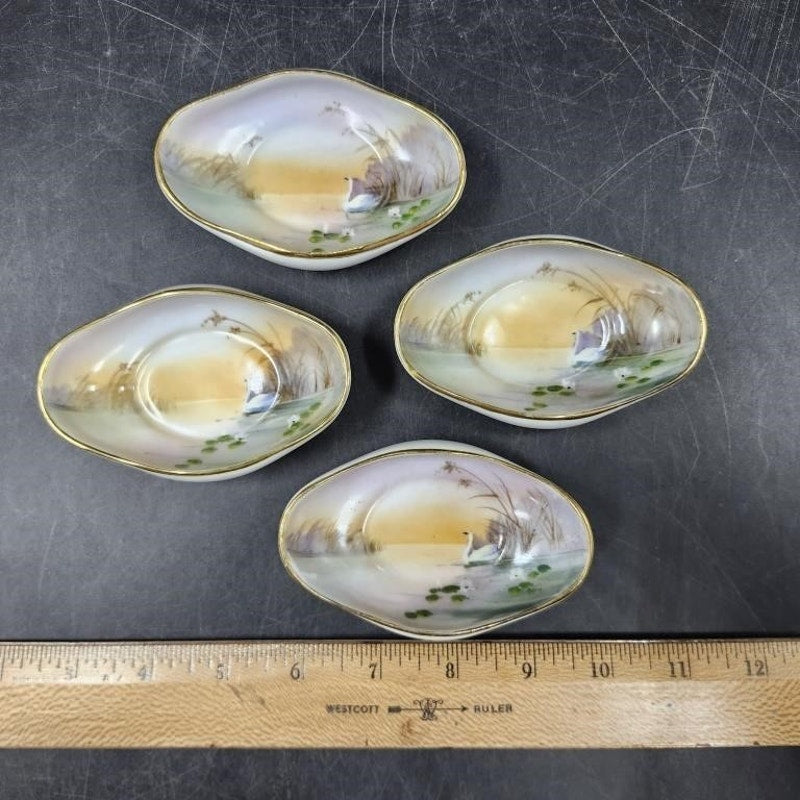 Set of 4 Vintage Hand Painted Nippon Nut Bowls – Gold Rim & Swan On Water Scene