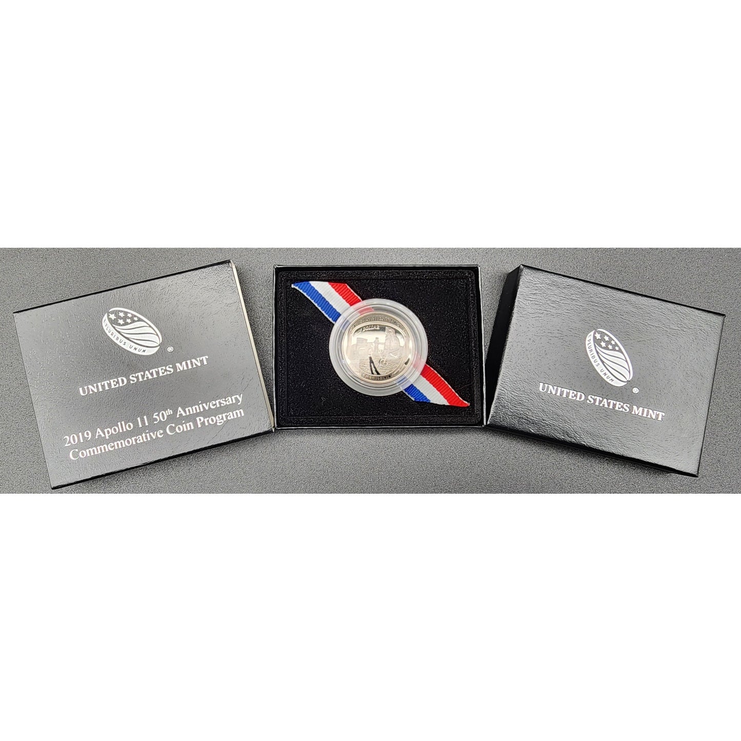 Apollo 11 50th Anniversary 5oz, 1oz + Half Dollar Proof Sets with OGP & CoAs with 1967 Newsweek, Man on the Moon Stamps, 50th Anniversary Embroidered Patches