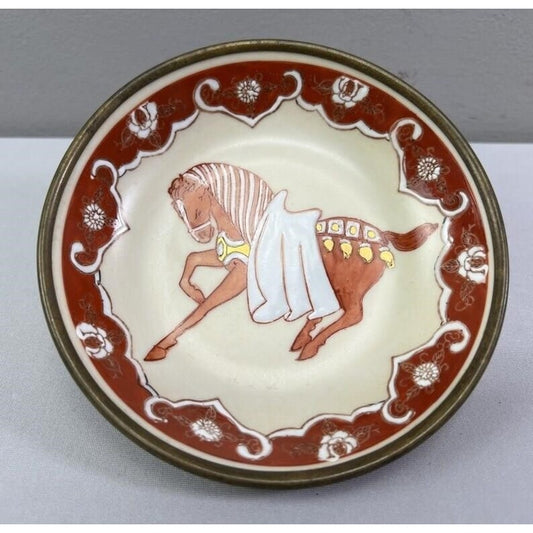 Vintage ACF Japanese Porcelain Horse Bowl Brass Cased Orange Ivory 5.75″