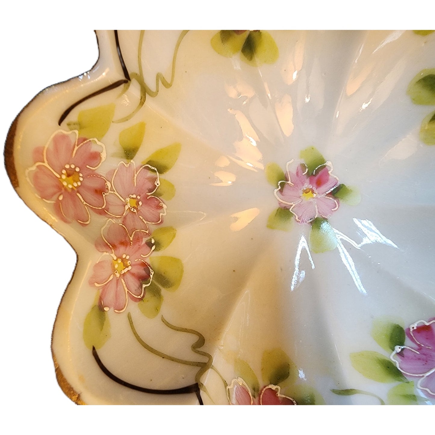 Vintage Japan Footed Dish Pink Floral Gold Gilt Scalloped Porcelain 5" Bowl