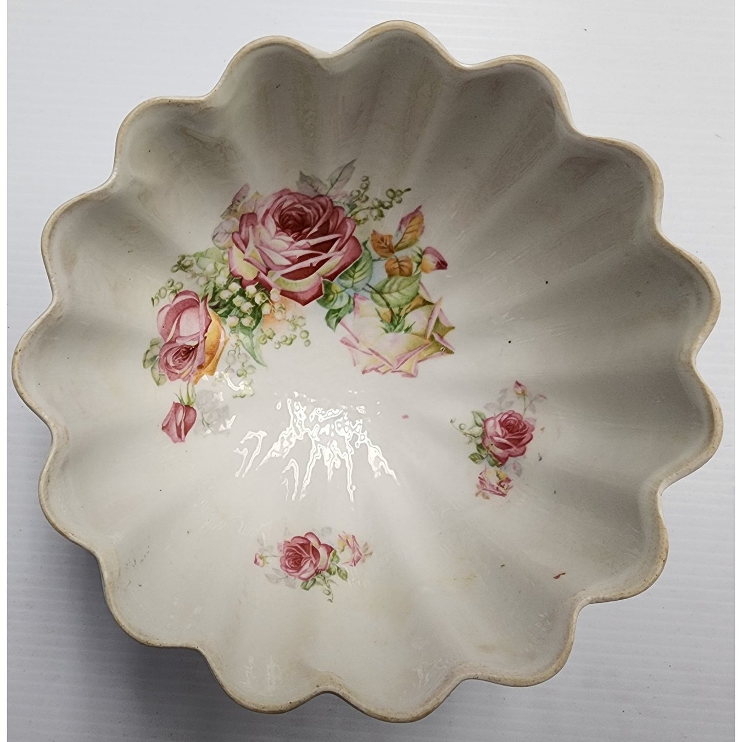 Antique German Hand Painted Porcelain Bowl Set 3pc Floral Scalloped Pedestal