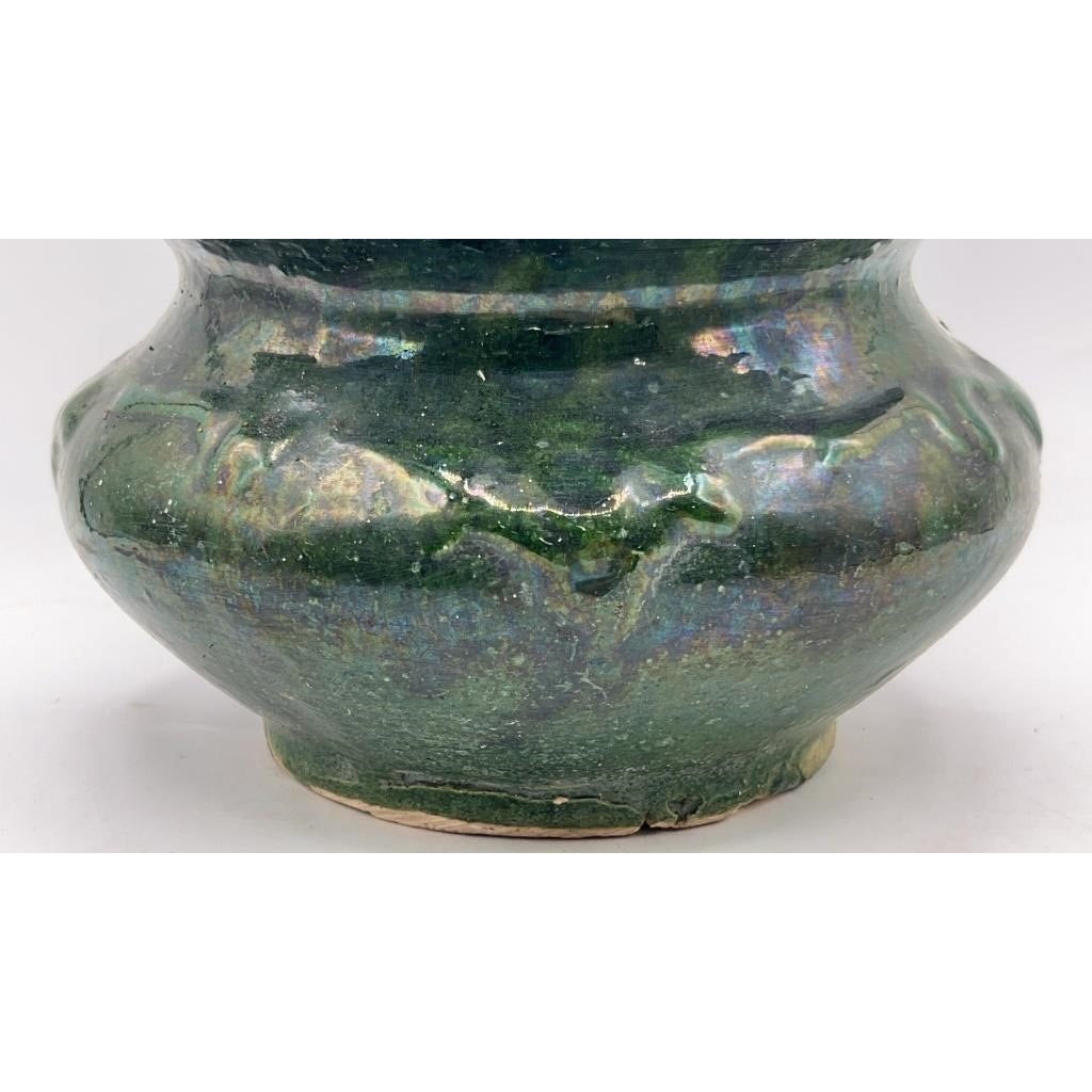 VTG Green Glazed Pottery Spittoon Vine & Floral Pattern 7.5" x 5"