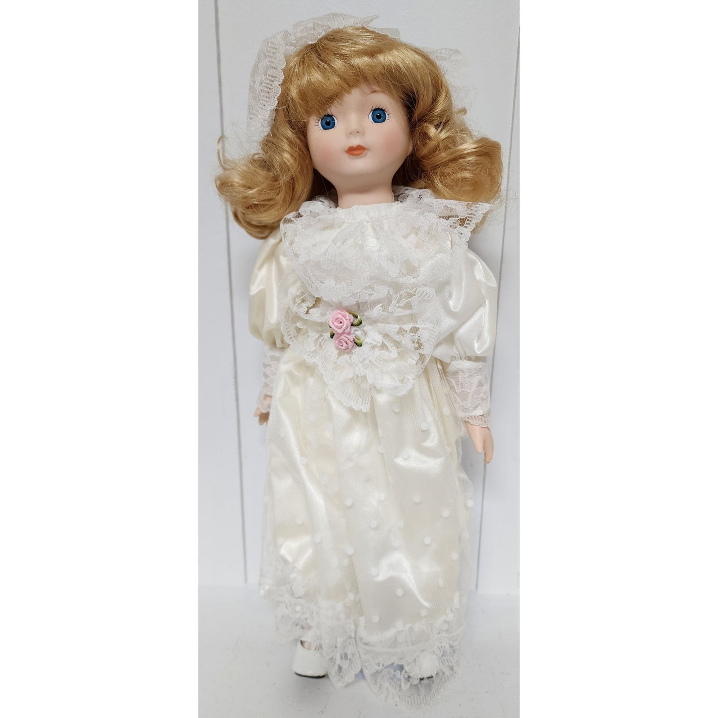 Vintage 16" Lazarus Porcelain Doll “Sarah” w/ Stand & Box – Bridal Gown