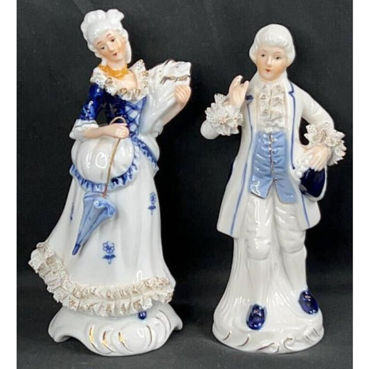Victorian Style Blue White Porcelain Figurine Pair w/ Gold Accents Hand Painted