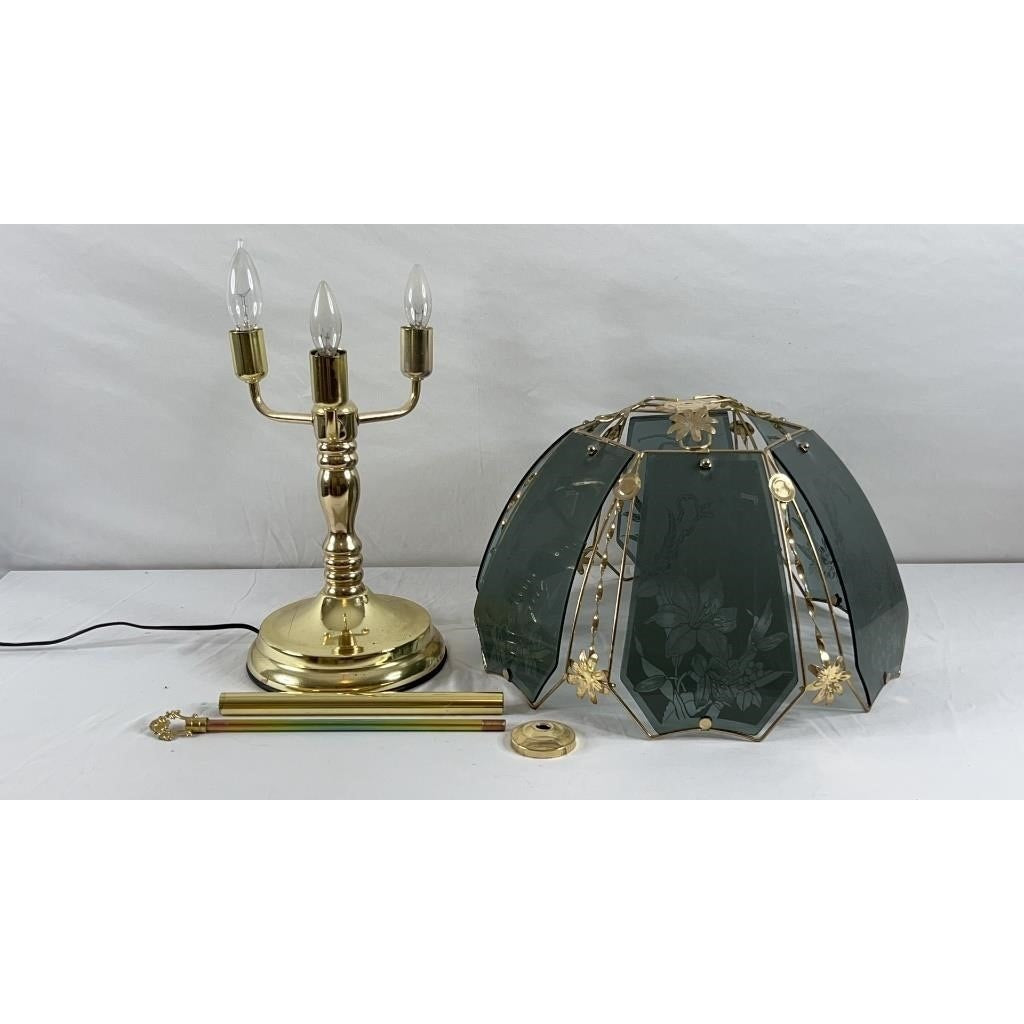 Vintage Brass Touch Table Lamp Etched Floral Glass Shade 3-Way Dimmable