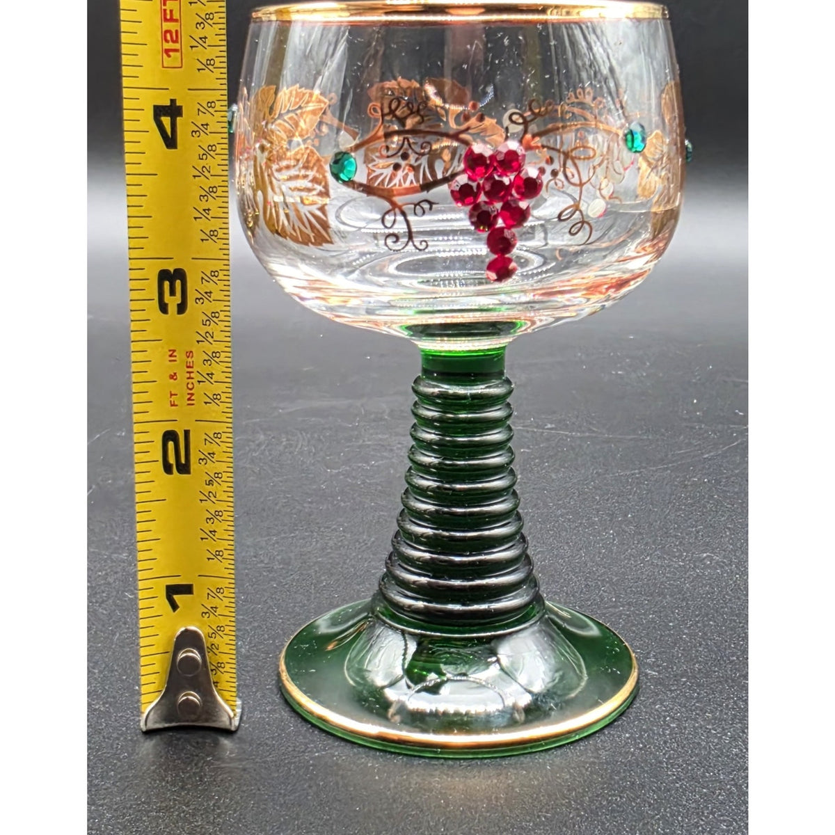 Vtg Bockling German Romer Wine Glasses Green Stem Gold Gilt Rhinestones Set 8