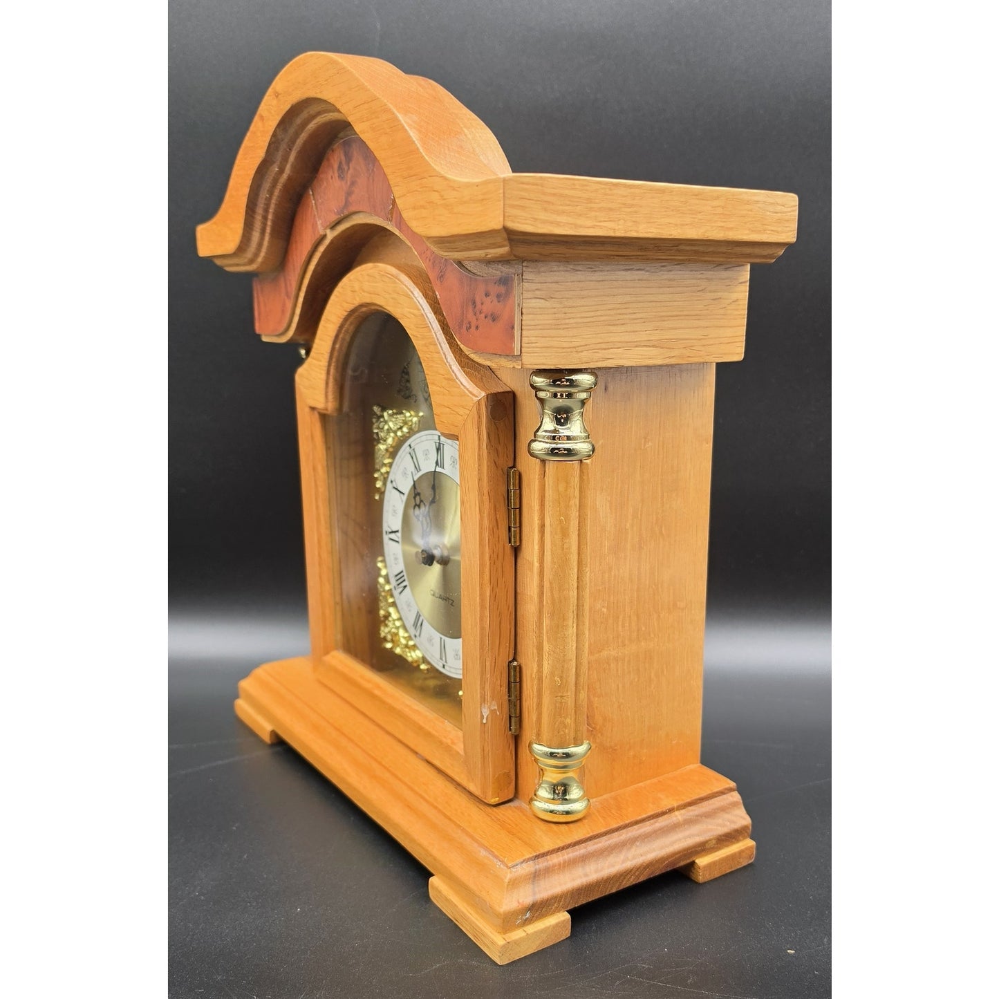Vintage Tempus Fugit Quartz Mantle Clock Solid Wood & Brass 13" Works Perfectly