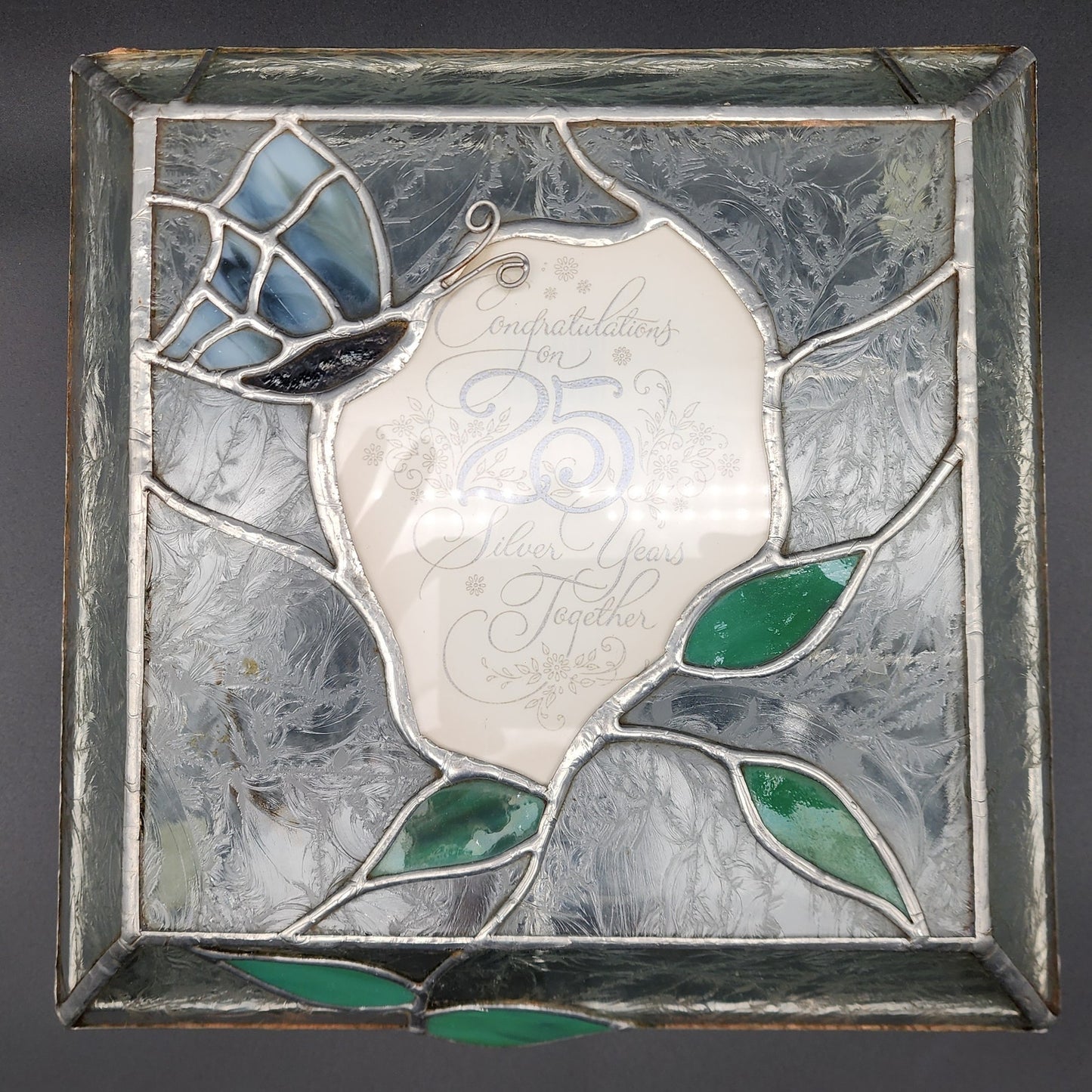Stained Glass 25th Anniversary Keepsake Box Green Leaves Butterfly 10.75" Heavy