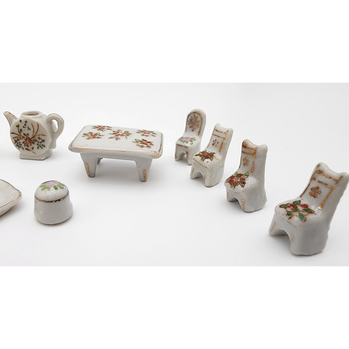 Vintage Porcelain Miniature Dollhouse Furniture Set 19pc Floral 22K Gold Japan
