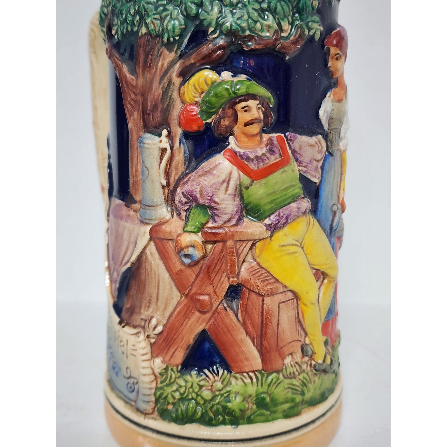 Vintage German Beer Stein Pewter Lid Hand Painted Relief 9.5" Heavy Ceramic